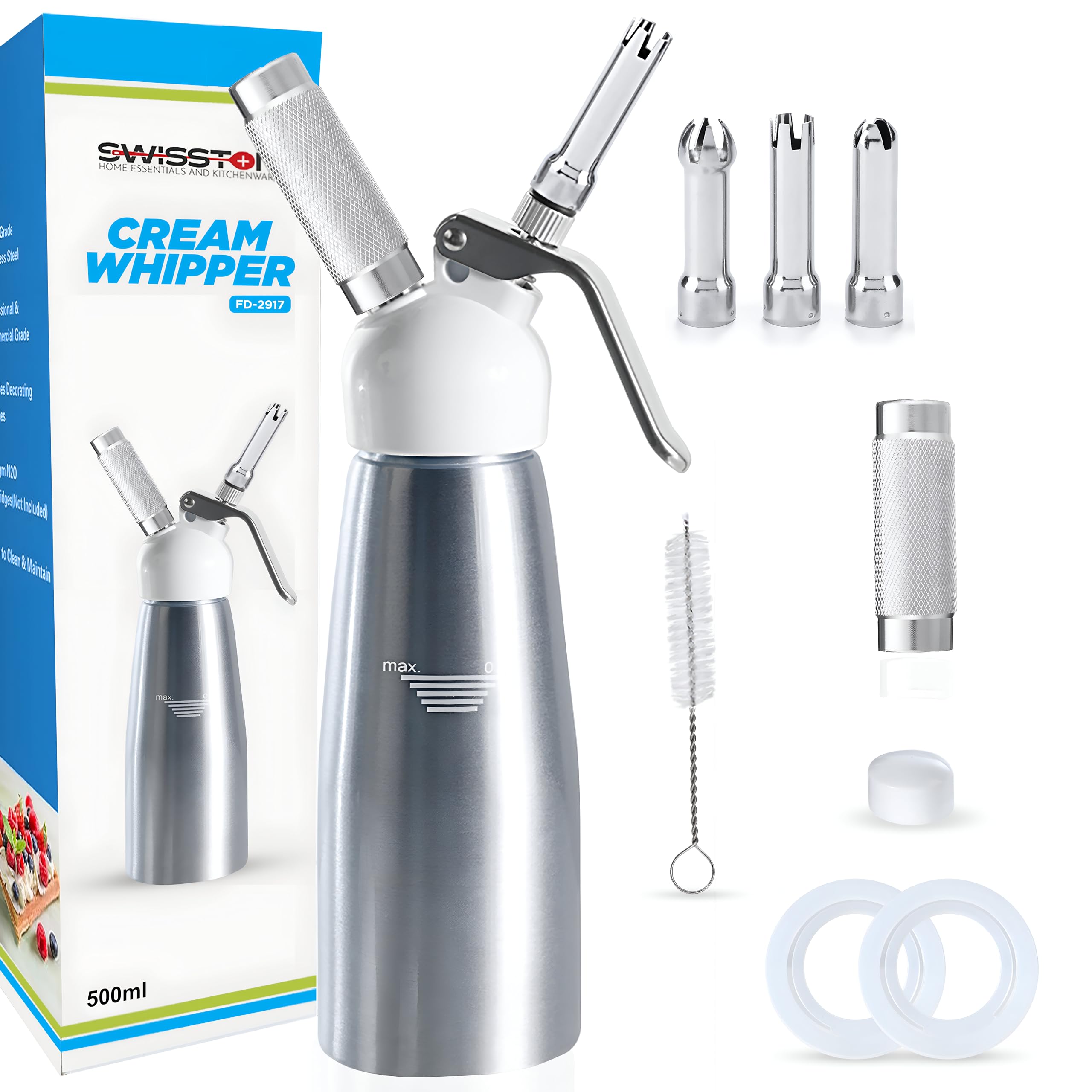 SWISSTON Whipped Cream Dispenser 500ml/1 Pint - Aluminum Cream Whipper & Whipping Siphon for Cold Foam, Coffee & Desserts